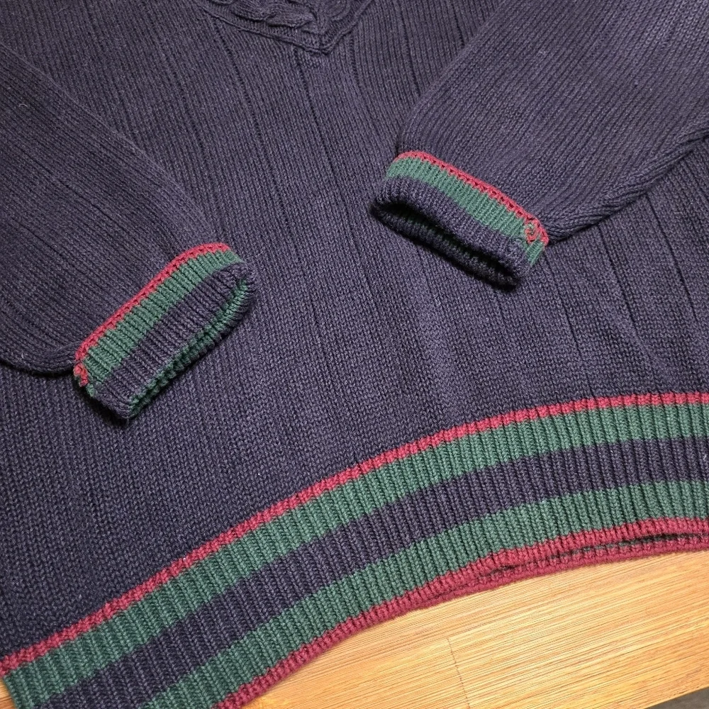 VTG Sears Roebuck & Co. Navy Cricket Sweater V-Neck Cable Knit Oversized